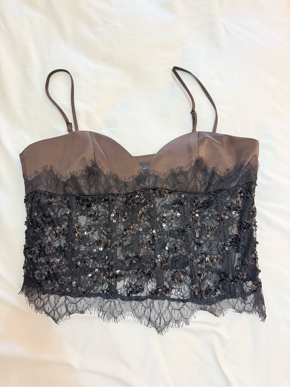 Zara Brown Satin and Black Sequin Lace Bustier Crop Top